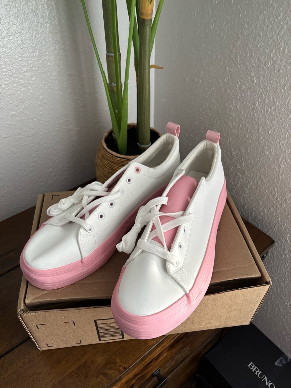 White and Pink Platform Casual Sneakers
